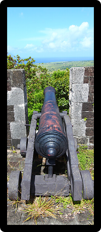 Cannon faces the Caribbean Sea at Brimstone Hill Fortress National Park on the island of St Kitts.