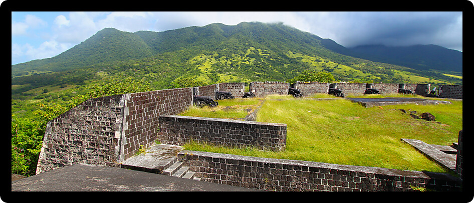 Brimstone Hill Fortress below Mount Liamuiga on the island of Saint Kitts.
