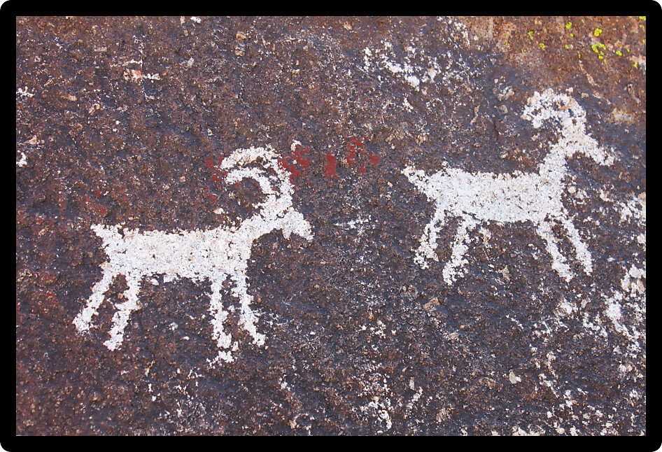 Ancient Petroglyphs on a rock wall at Grapevine Canyon in Nevada.