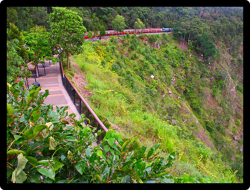 Kuranda Scenic Railway overlooking Barron Gorge National Park in tropical Queensland Australia.