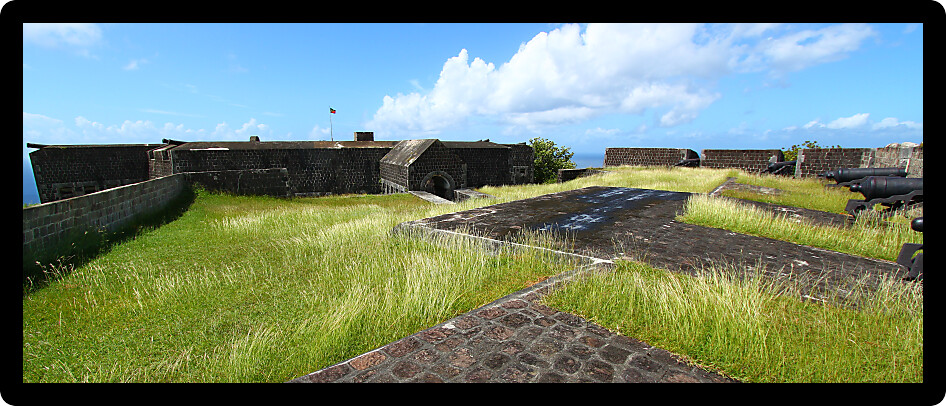 Solid walls of Brimstone Hill Fortress on the Caribbean island of Saint Kitts.