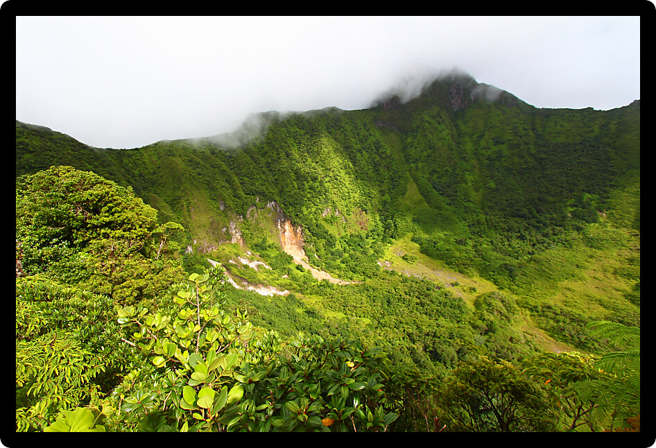 The Crater below cloud covered Mount Liamuiga on Saint Kitts.