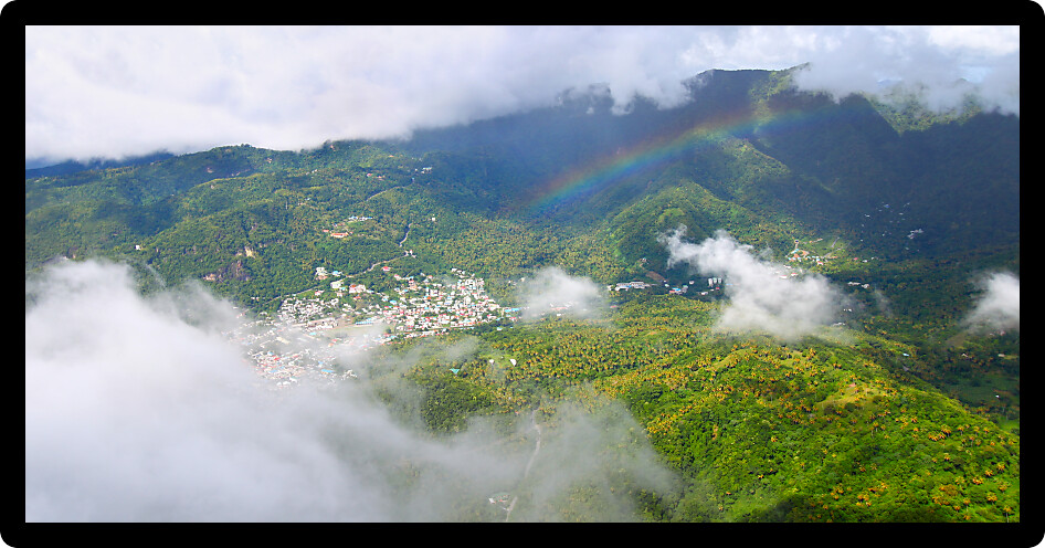 View of Soufriere from the cloud covered summit of the Petit Piton Saint Lucia.