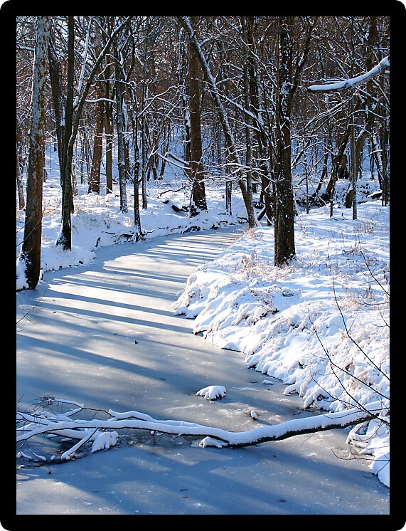 Shadows cast over a frozen creek in the Midwest United States.