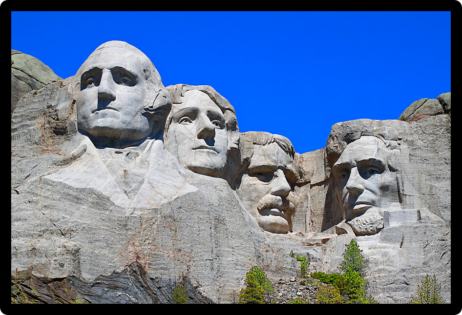 Mount Rushmore National Memorial carved into the peaks of the Black Hills in South Dakota.