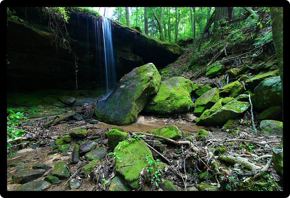 Secluded waterfall flows over a rock ledge in the William B Bankhead National Forest of Alabama.