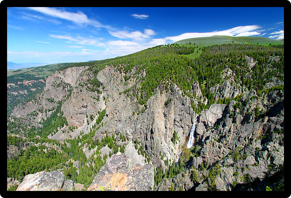 Bucking Mule Falls flows into a huge canyon in the Bighorn National Forest of Wyoming.