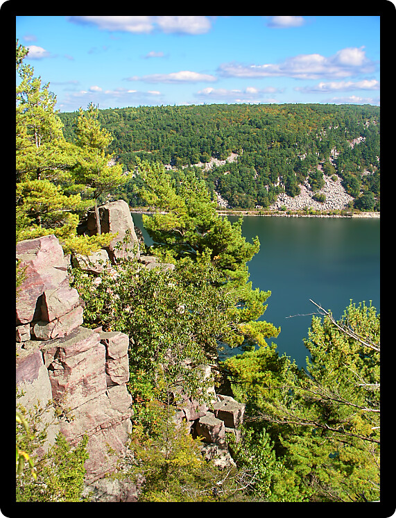 Steep cliffs overlooking Devils Lake State Park in Wisconsin.