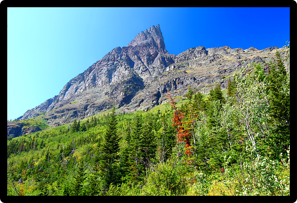 Mountainous terrain in the Many Glacier area of Glacier National Park.