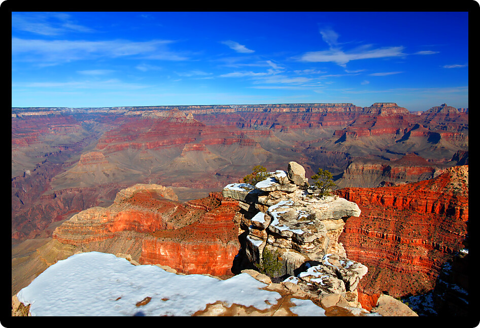 Snow covers the rim of the Grand Canyon in Arizona.