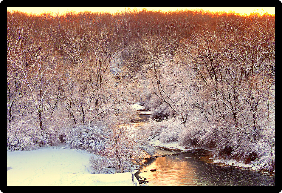 Willow Creek flows through Rock Cut State Park of Illinois on a snowy winter day.