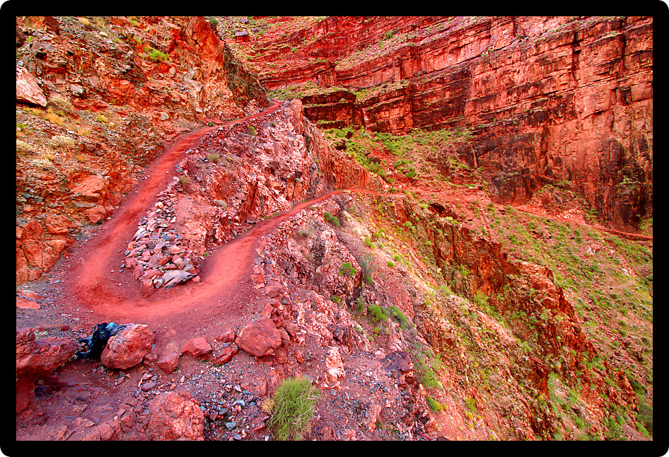 Bright Angel Trail connects the rim of the Grand Canyon to the Colorado River.