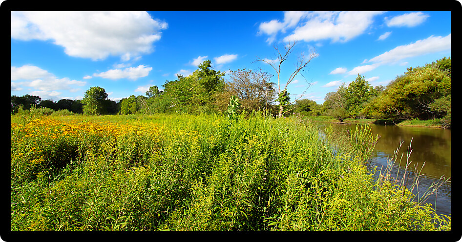 Kishwaukee River and priairie landscape in northern Illinois on a beautiful day.