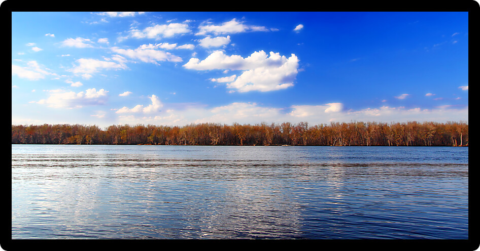Mississippi River landscape seen from Andalusia Slough Recreation Area in Illinois.