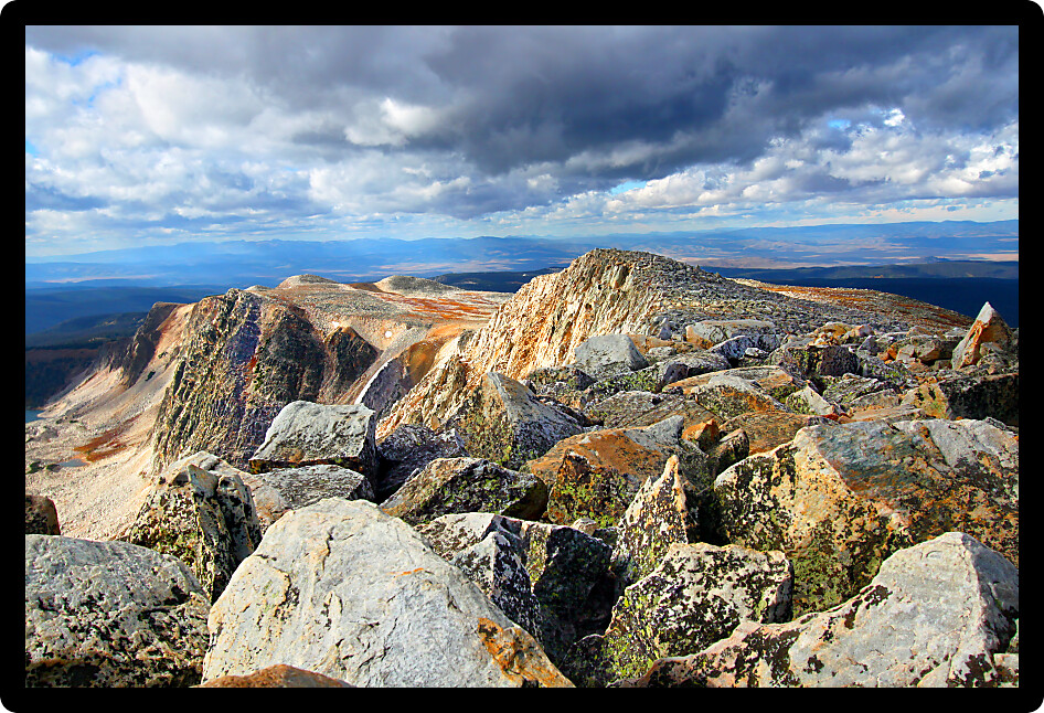 Giant boulders stacked atop the rugged summit of Medicine Bow Peak in Wyoming.