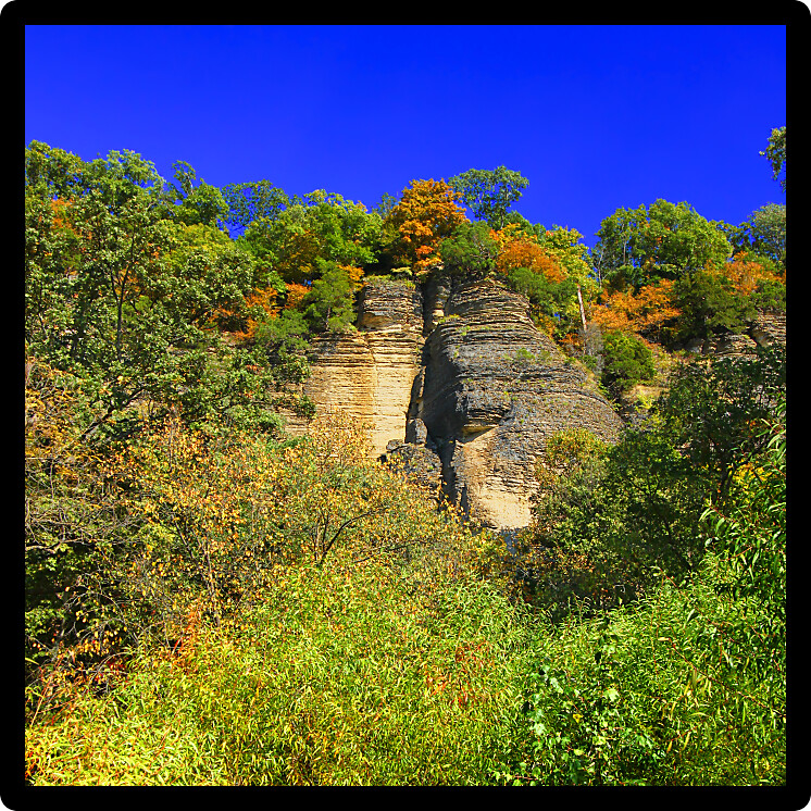 Bluffs and autumn forest scenery of the Shawnee National Forest in southern Illinois.