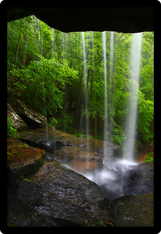 View from behind a tranquil waterfall on Cane Creek in northern Alabama.