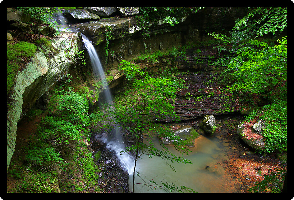 Waterfall flows into a deep canyon in the woodland of northern Alabama.