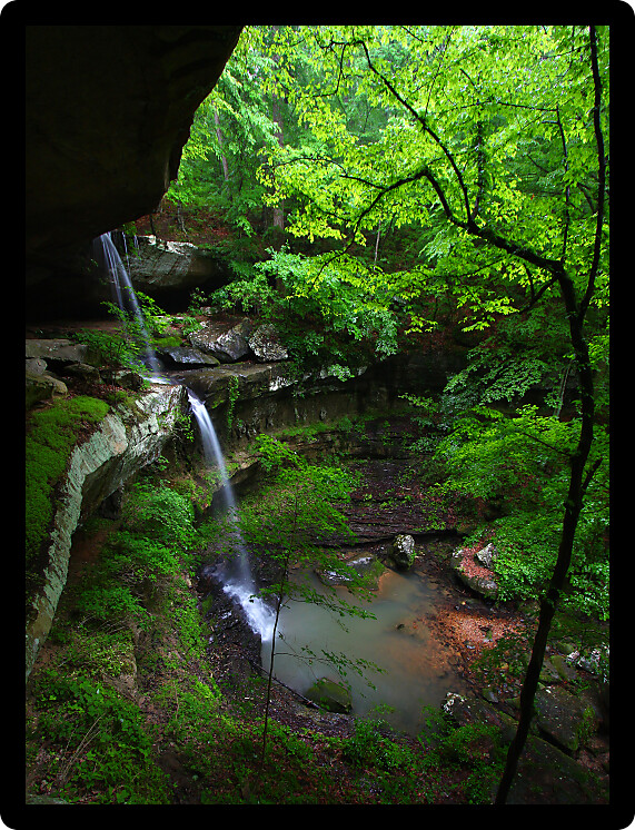 Waterfall flows into a deep canyon in the woodland of northern Alabama.