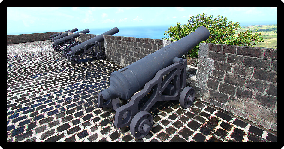 Cannons line the walls at Brimstone Hill Fortress National Park on Saint Kitts.
