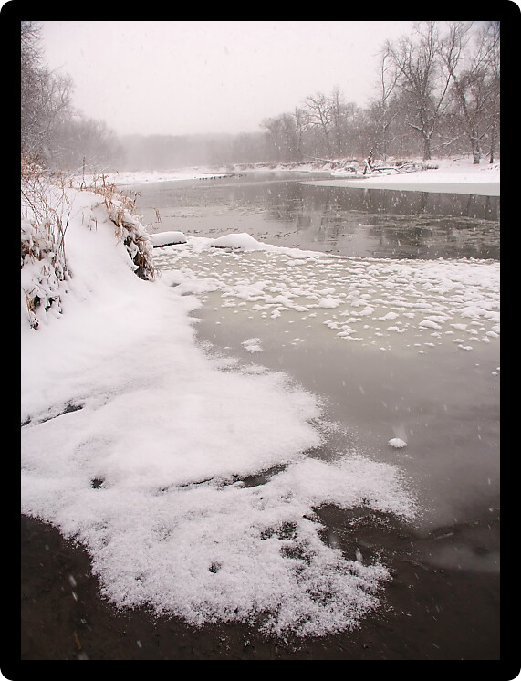 Snow falls along the Kishwaukee River on a cold winter morning at Blackhawk Springs Forest Preserve in northern Illinois.