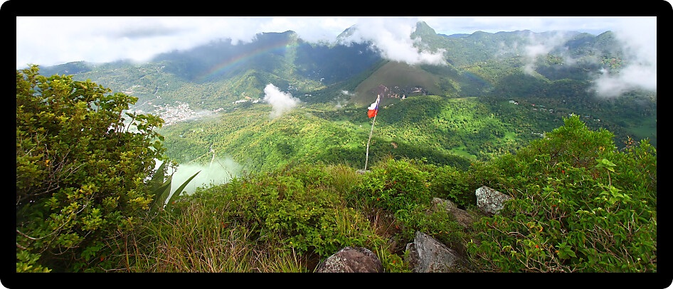 Overhead view of Soufriere from the cloud covered summit of the Petit Piton Saint Lucia.