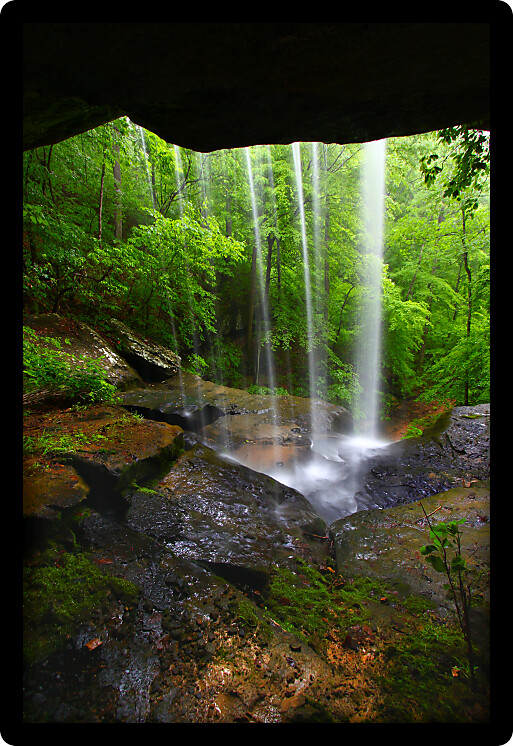 View from behind a tranquil waterfall on Cane Creek in northern Alabama.