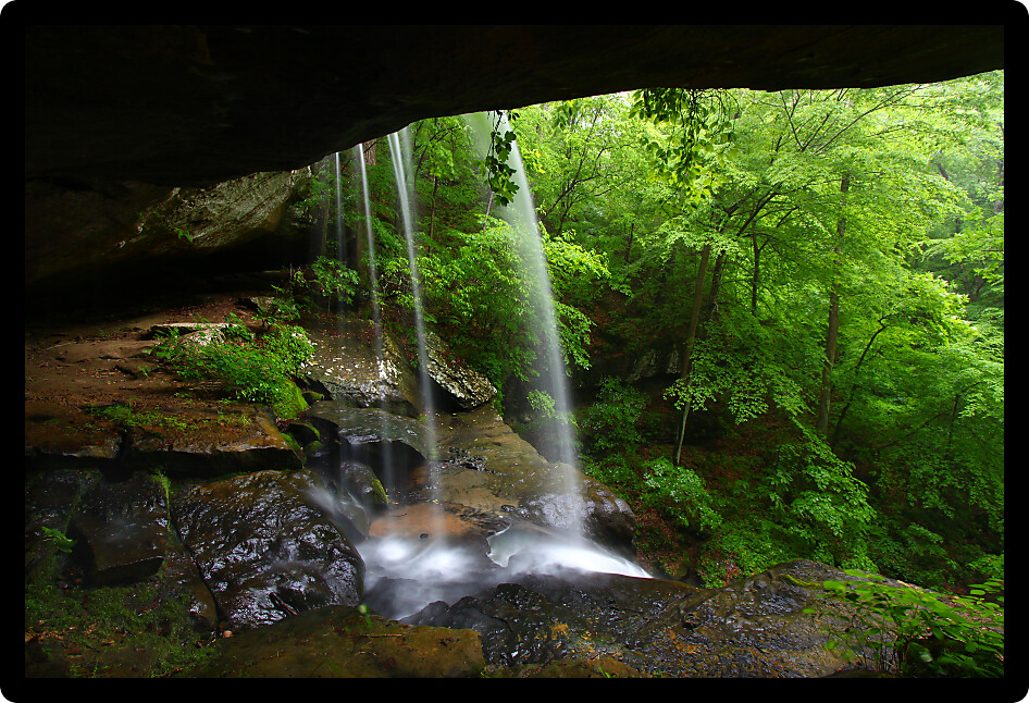 View from behind a tranquil waterfall on Cane Creek in northern Alabama.