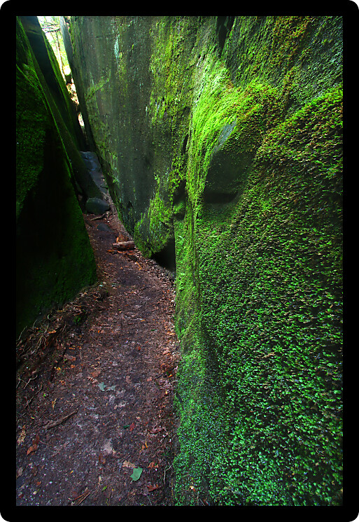 Mossy narrow corridor through giant rocks in Alabama.