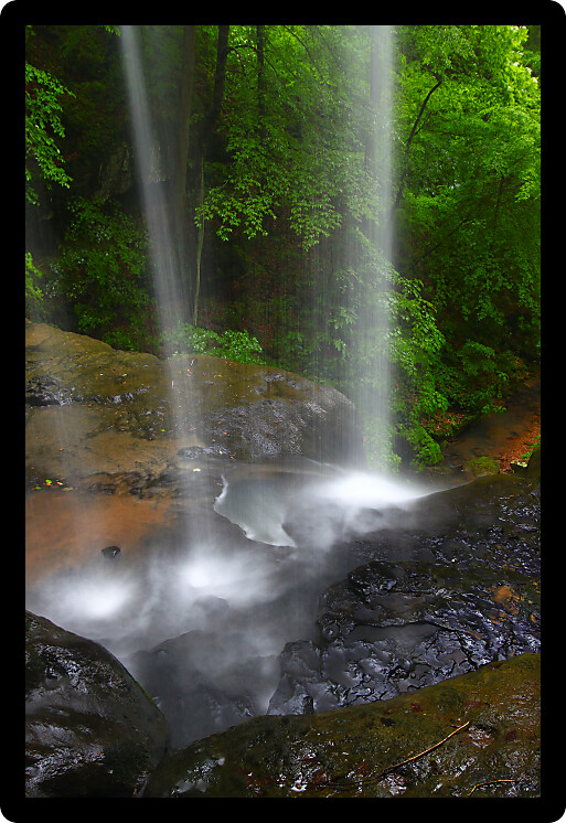 View from behind a tranquil waterfall on Cane Creek in northern Alabama.