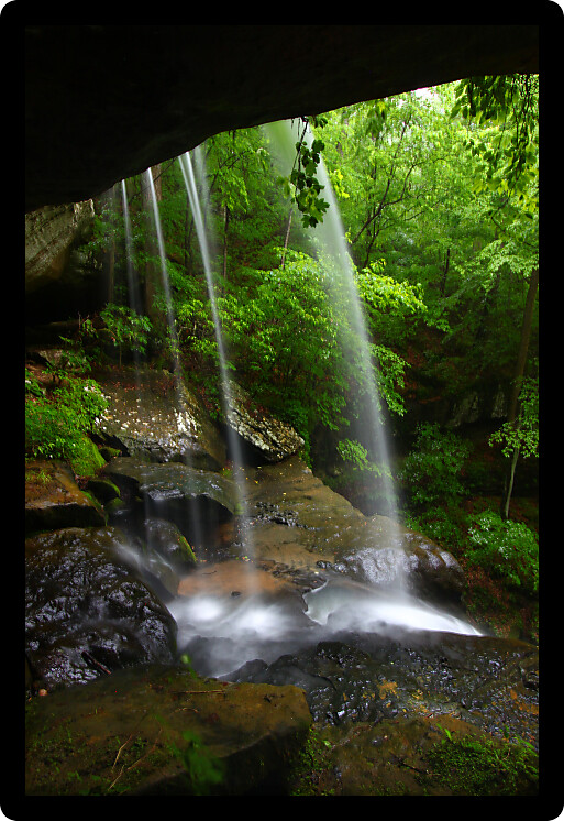View from behind a tranquil waterfall on Cane Creek in northern Alabama.