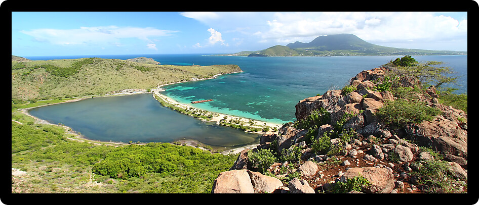 Panoramic view of Majors Bay Beach and lagoon on Saint Kitts.