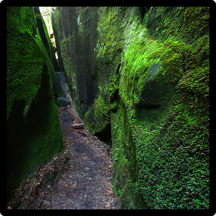Mossy narrow corridor through giant rocks in Alabama.