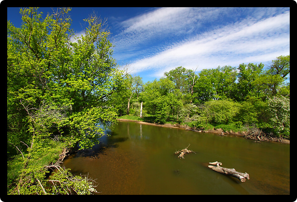 Beautiful blue skies on a spring day along the Kishwaukee River of Illinois.