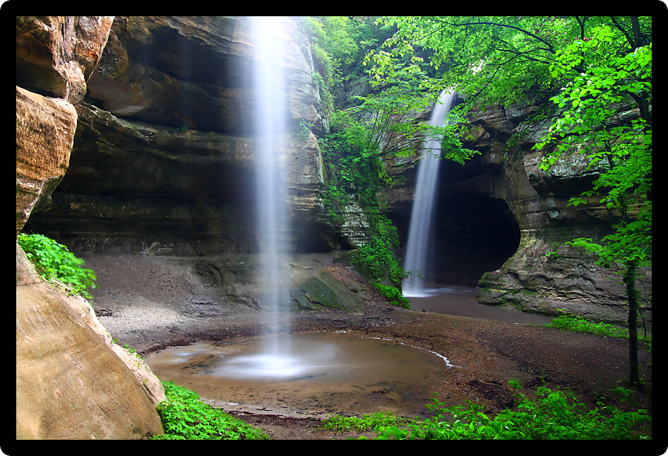 Twin waterfalls crash into Tonti Canyon on a spring day at Starved Rock State Park.