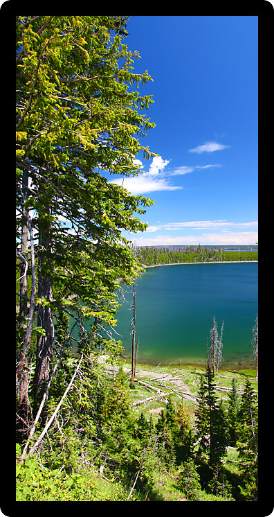 Beautiful blue waters of Duck Lake in Yellowstone National Park of Wyoming.