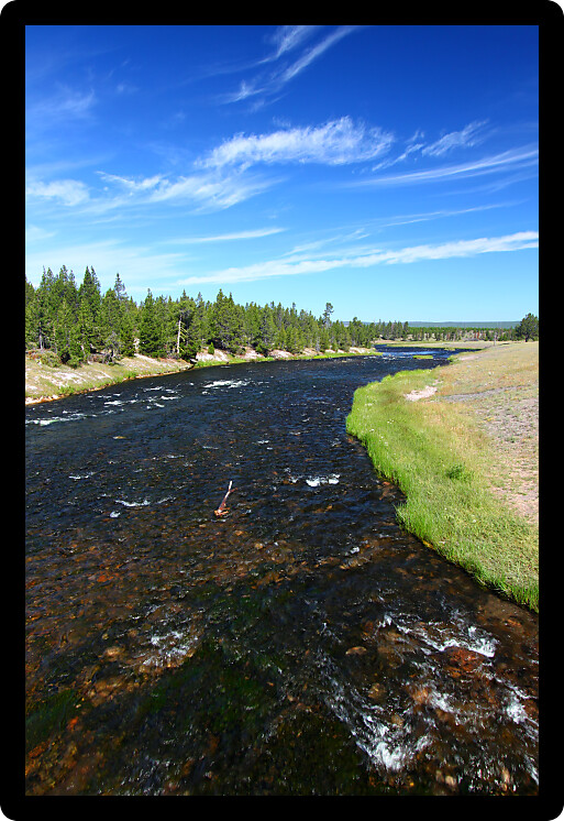 Firehole River flows through Yellowstone National Park on a beautiful sunny day.