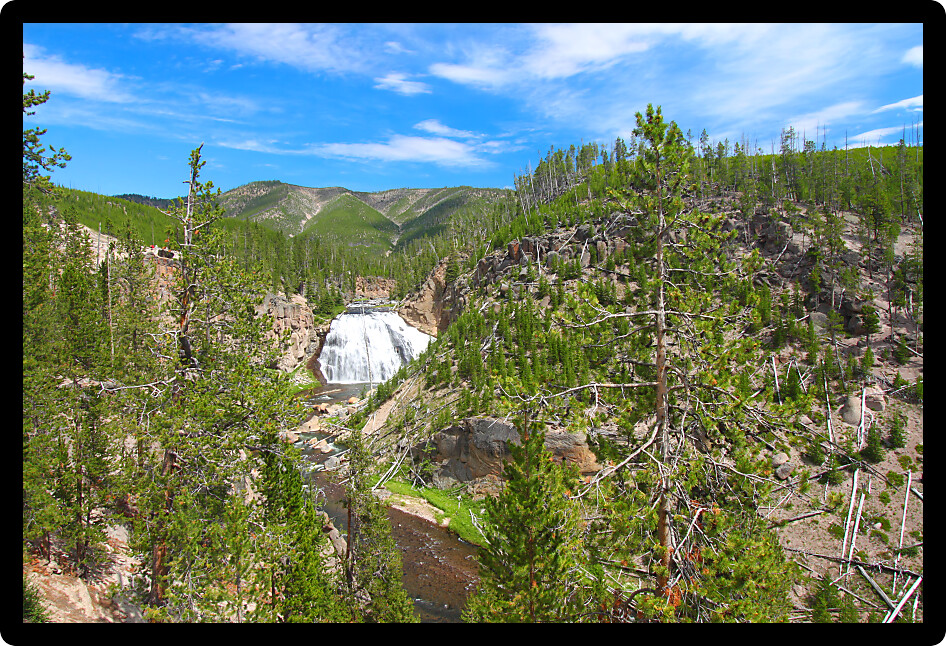 Gibbon Falls flows through the canyons of Yellowstone National Park in the United States.