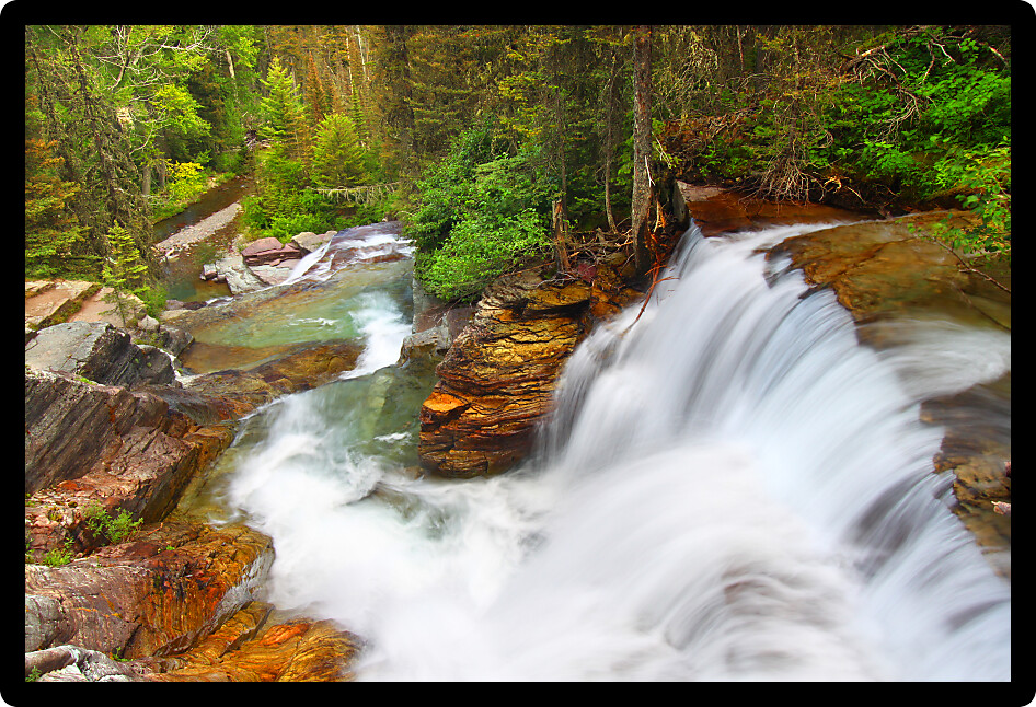 Beautiful waterfall flows through the pine forests of Glacier National Park in Montana.