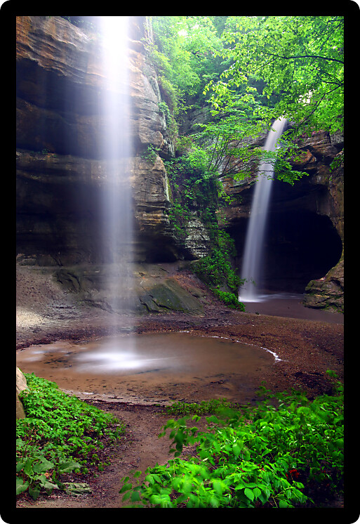 Waterfalls flow into Tonti Canyon on a spring day at Starved Rock State Park.
