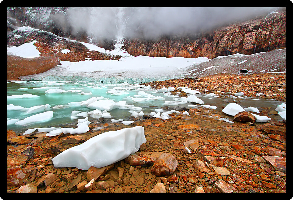 Icebergs float in glaical meltwater from the Angel Glacier in Jasper National Park of Canada.
