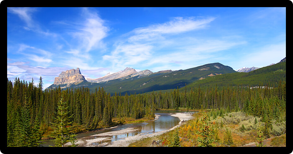Bow River with Castle Mountain seen in the background at Banff National Park Canada.