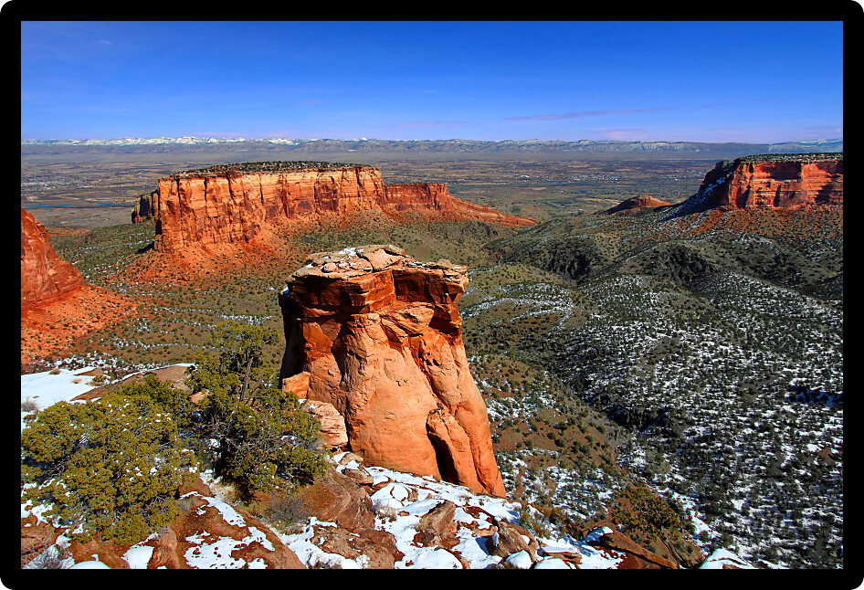 Rock formations dominate the landscape at Colorado National Monument.