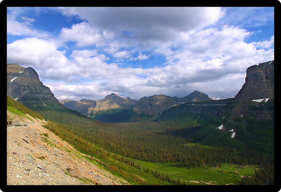 Mountain and forest scenery at Logan Pass of Glacier National Park in Montana.