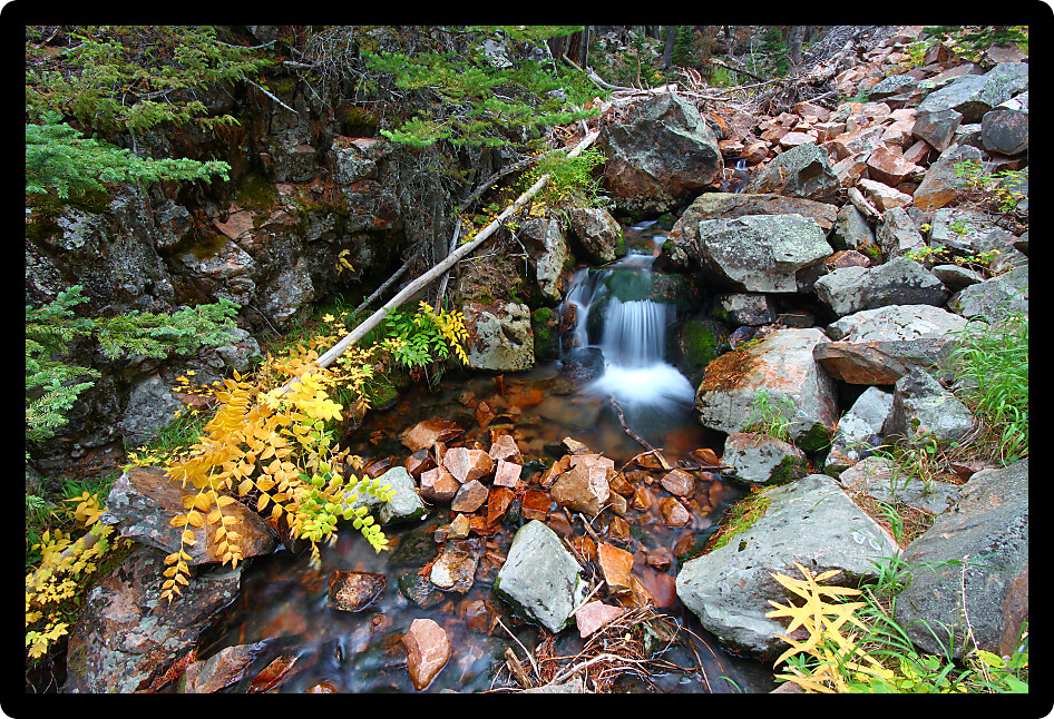 Cascades of a small stream in the Lewis and Clark National Forest of Montana.
