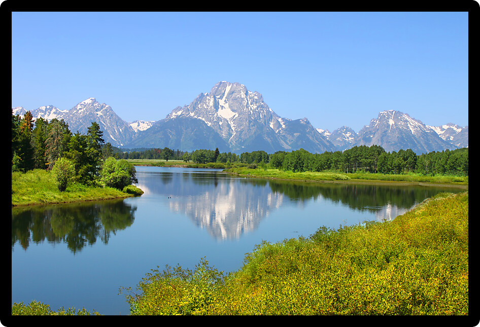 View of Grand Teton National Park over the Snake River in Wyoming.
