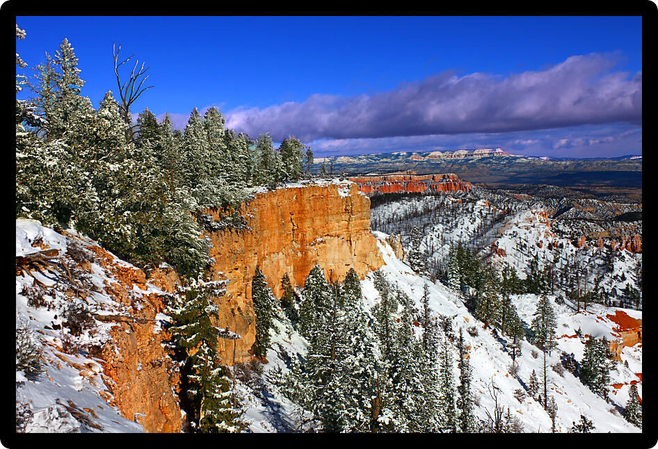 Snow covered cliffs of Bryce Canyon National Park of Utah.