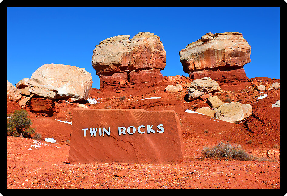 Giant Twin Rocks of Capitol Reef National Park in Utah.