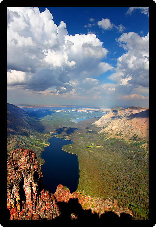 Spectacular view of Two Medicine Lake from the top of Mount Sinopah in Glacier National Park.