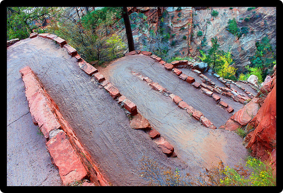 Steep switchbacks called Walters Wiggles ascend the Angels Landing Trail of Zion National Park in Utah.
